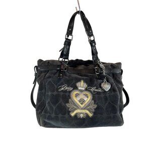 Juicy Couture Black Heart Jacquard Dearest Hobo Handbag With Charm & Adjustable